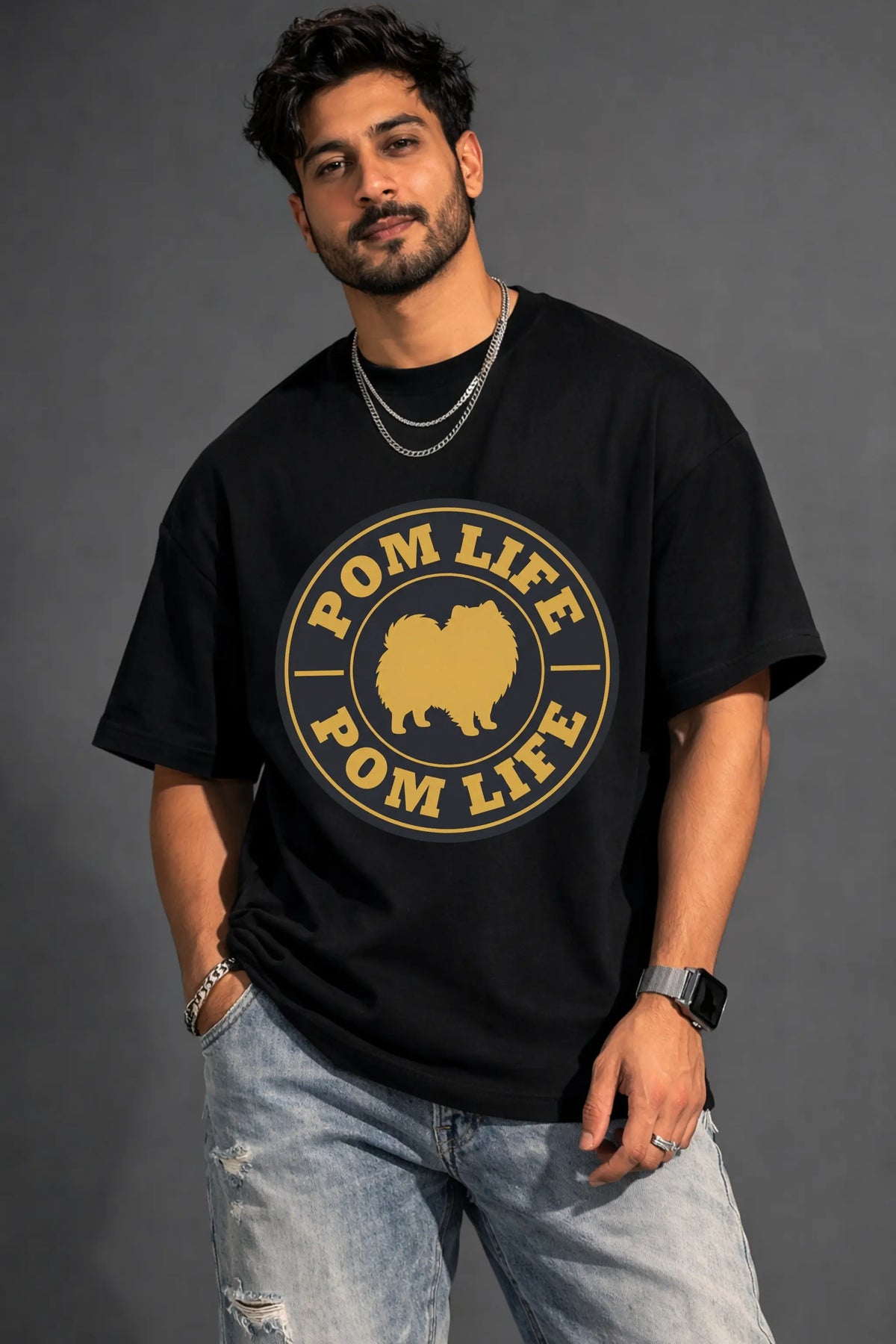 Pom Life Pomeranian Dog Parent Oversized Tee in Black — Men's Front View | JUNOSHI Pet Pawtrait