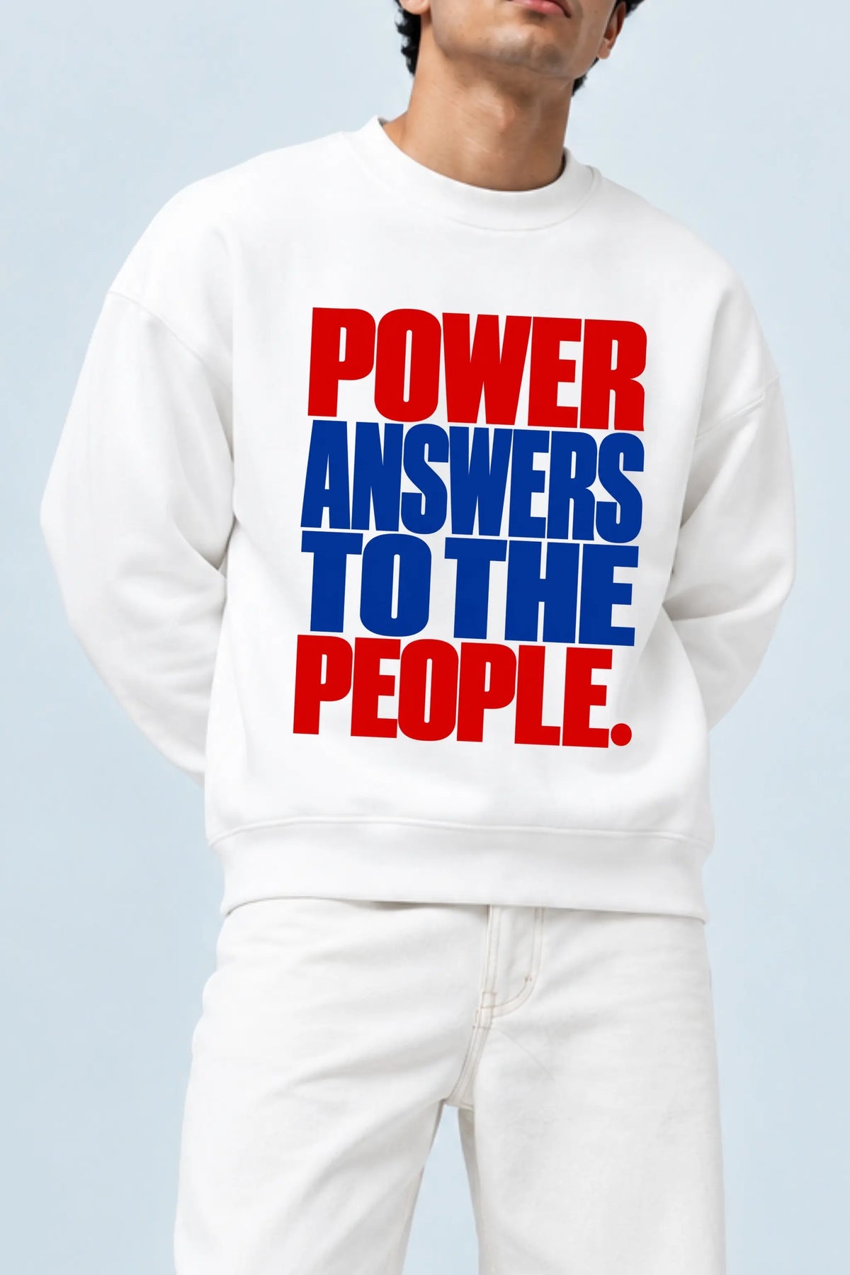 Power Answers To The People — Constitutional Pride Oversized Sweatshirt, Red and Blue Print Close-Up | JUNOSHI