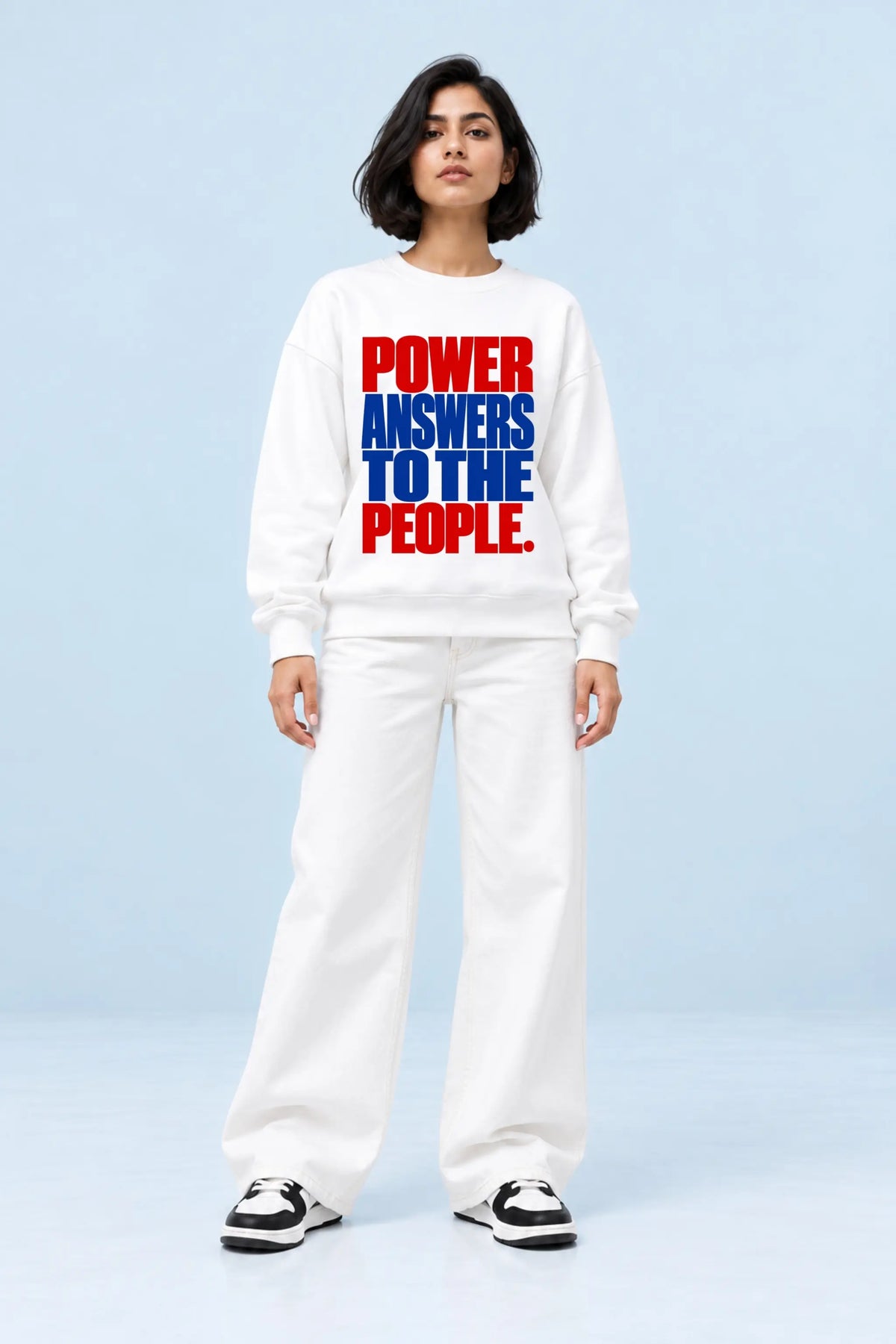 Power Answers To The People — Constitutional Pride Oversized Sweatshirt, Female Model Front View | JUNOSHI