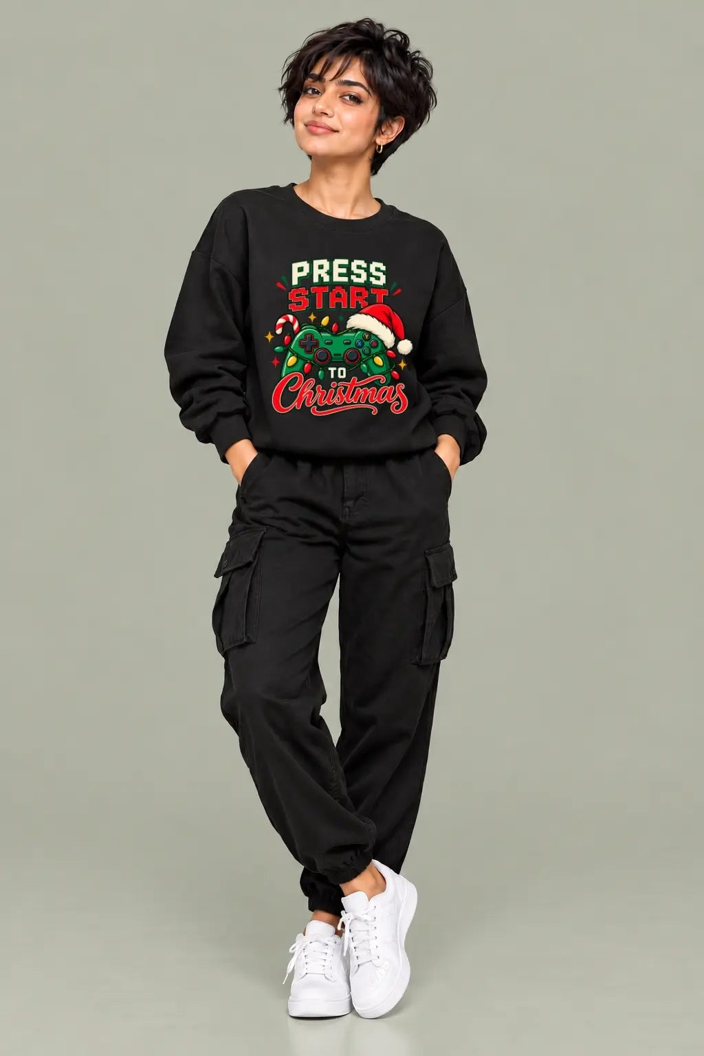 Press Start To Christmas — Gamer Christmas Oversized Sweatshirt worn by female model, unisex fit | JUNOSHI