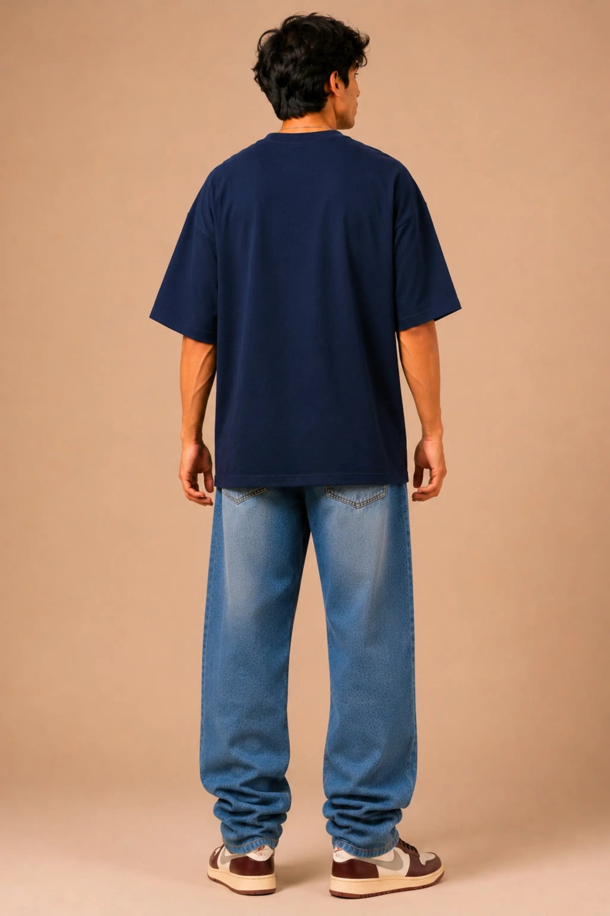 Professionally Overwhelmed Navy Oversized Tee — Clean Back View Unisex Drop Shoulder Fit | JUNOSHI