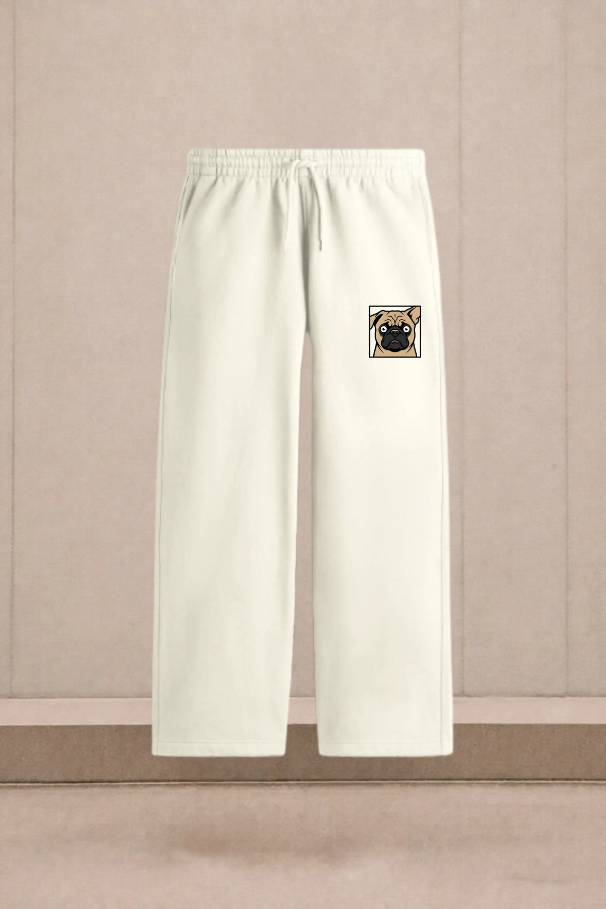 Pug Face Graphic Unisex Sweatpants in Cream — Product Flat Lay, Easy Beings Collection