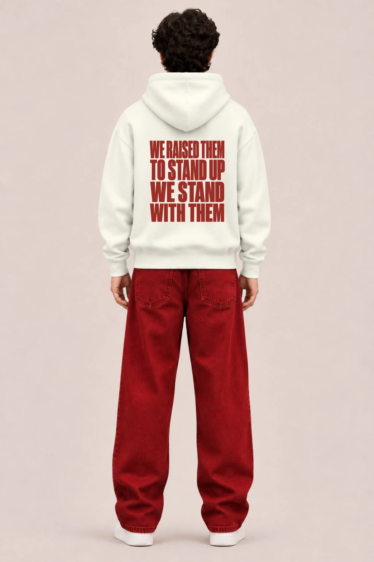 Raised To Stand Up — Family Pride Pullover Hoodie Unisex, back print worn by male model | JUNOSHI