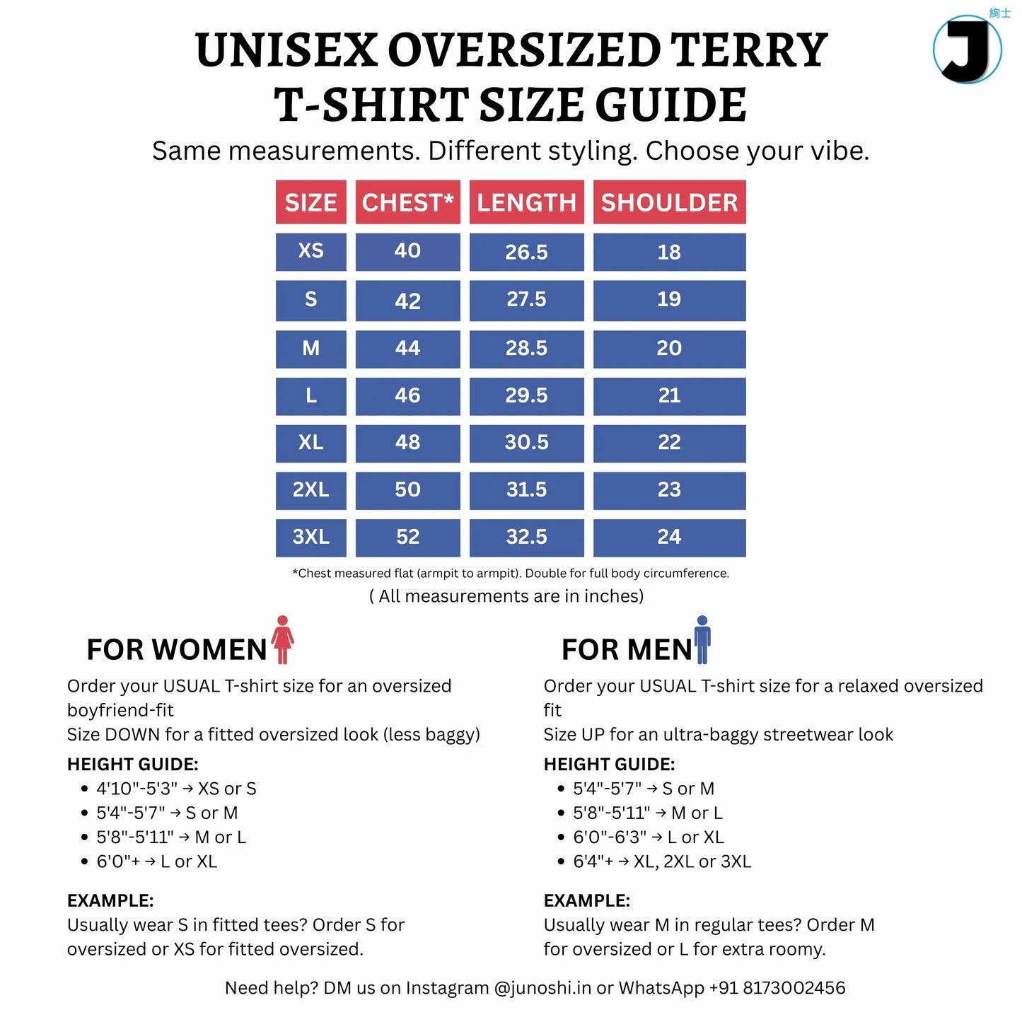 Size guide for unisex oversized terry t-shirt — chest and length measurements in inches, Junoshi