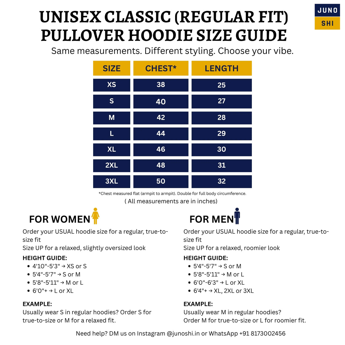 JUNOSHI Unisex Classic Regular Fit Pullover Hoodie Size Guide for Men and Women, XS to 3XL chest and length chart in inches