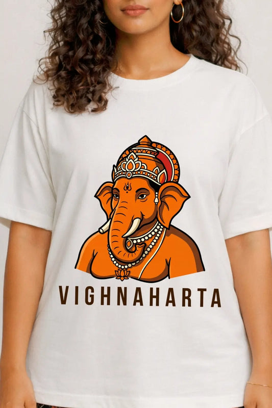 Vighnaharta Ganesha Graphic Closeup on White Oversized T-Shirt — Women
