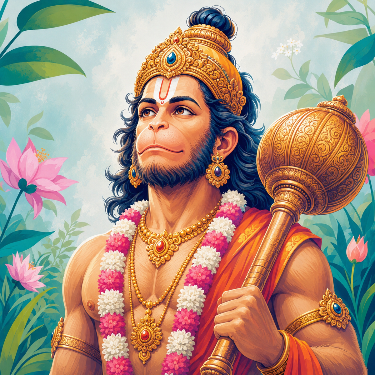 Lord Hanuman collection cover featuring golden gada, floral garland and tilak amid lotus garden backdrop — Divine Street devotional apparel collection