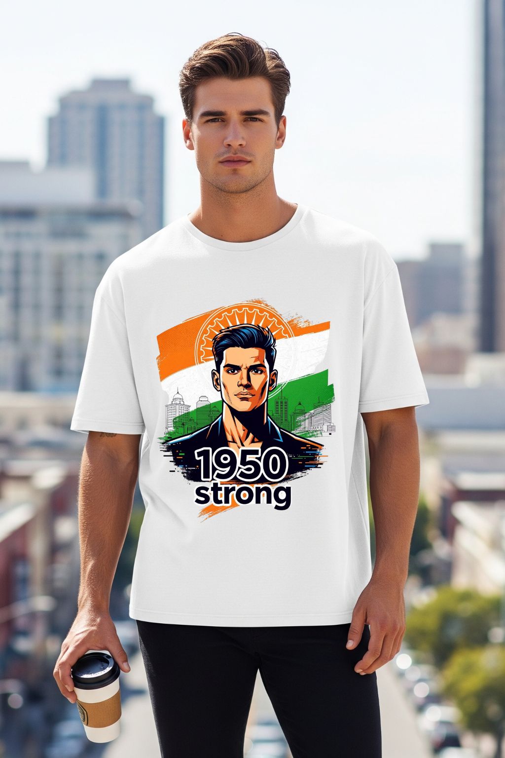 Man wearing a white oversized t-shirt with a graphic design in an urban setting