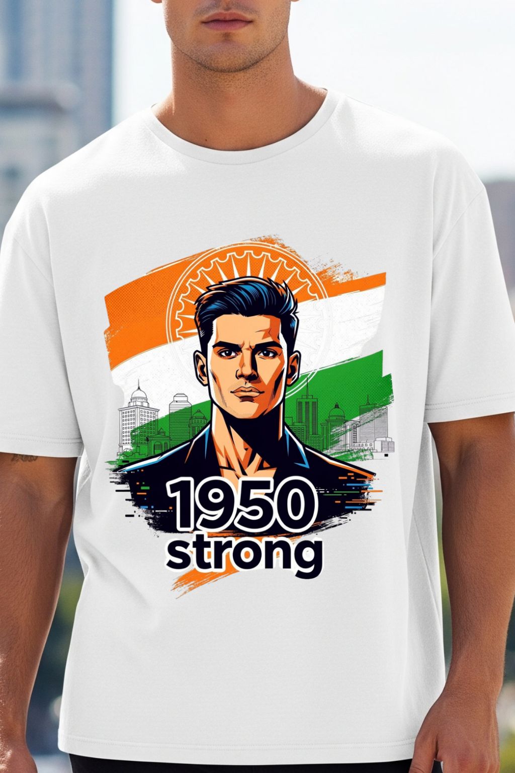 close up view of a man wearing a white oversized t-shirt with a graphic design featuring a man's face and '1950 strong' text, set against an outdoor background.