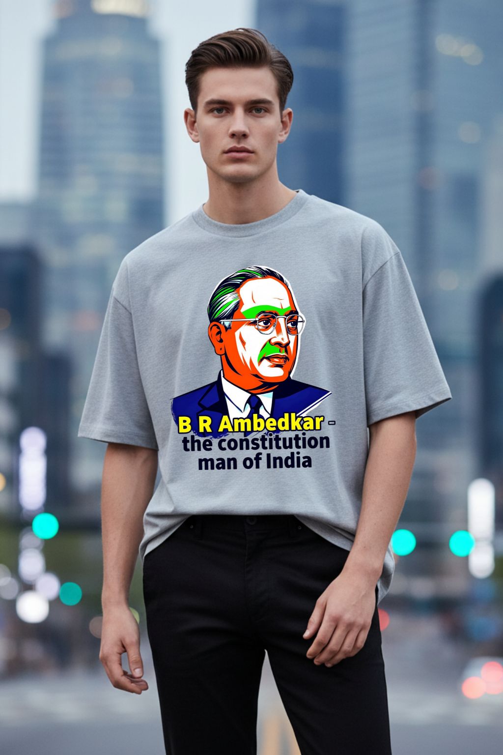 Man wearing a grey melange oversized t-shirt with B R Ambedkar graphic and text against a cityscape background
