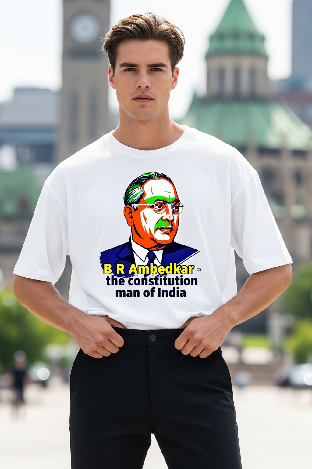 Man wearing a white oversized t-shirt with a graphic and text in an urban setting