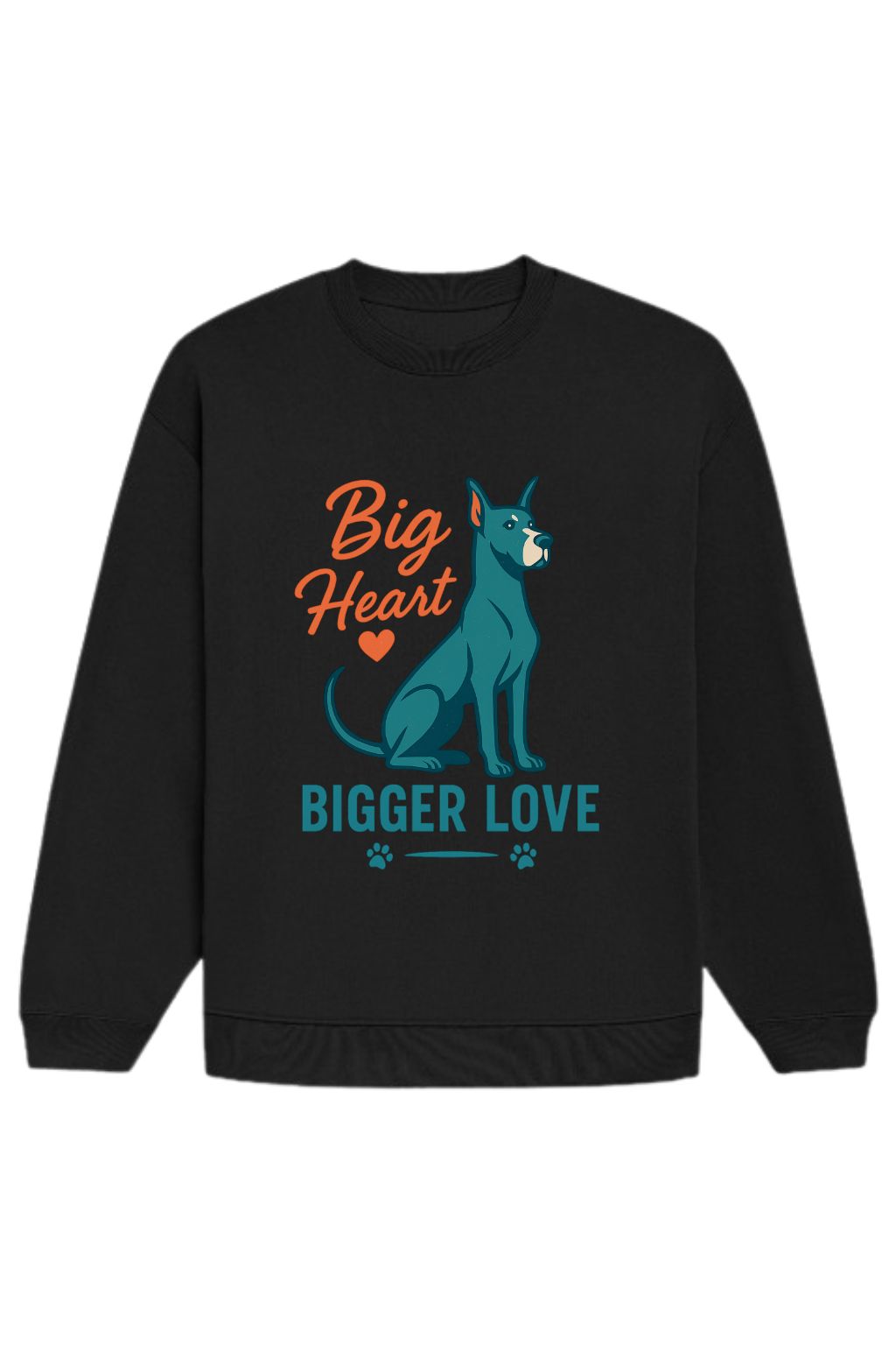 Black oversized sweatshirt flat lay showing Great Dane illustration and Big Heart Bigger Love typography design