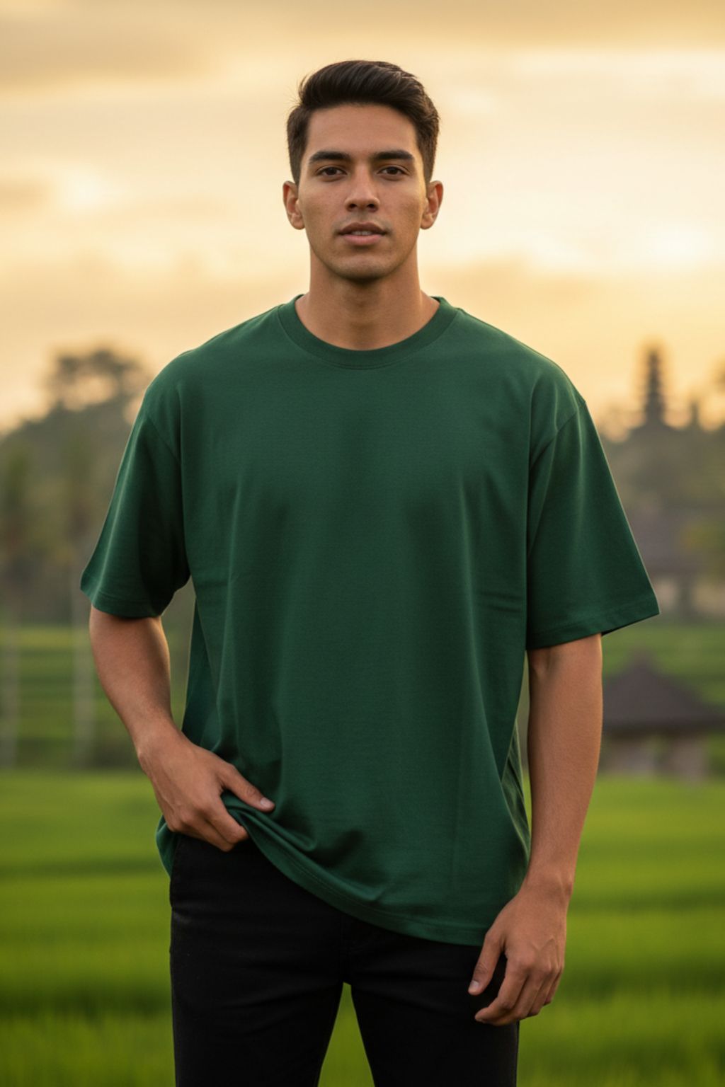 Man wearing a bottle green oversized t-shirt standing in a field with a sunset background