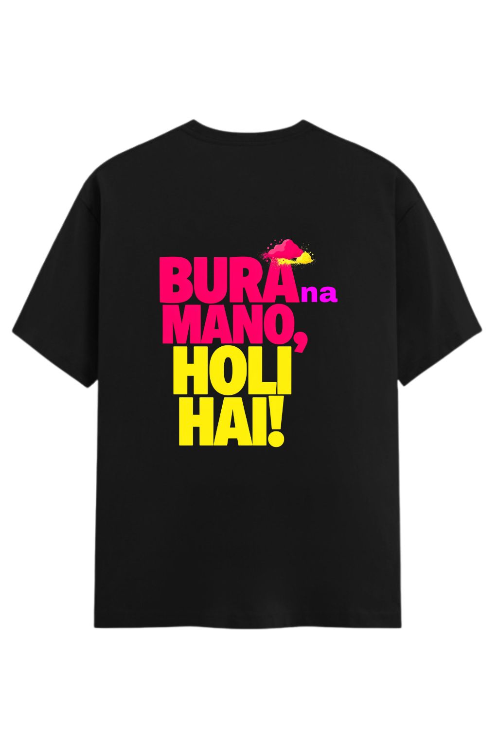 flat lay view of a black oversized t-shirt with colorful text on the back against a white background