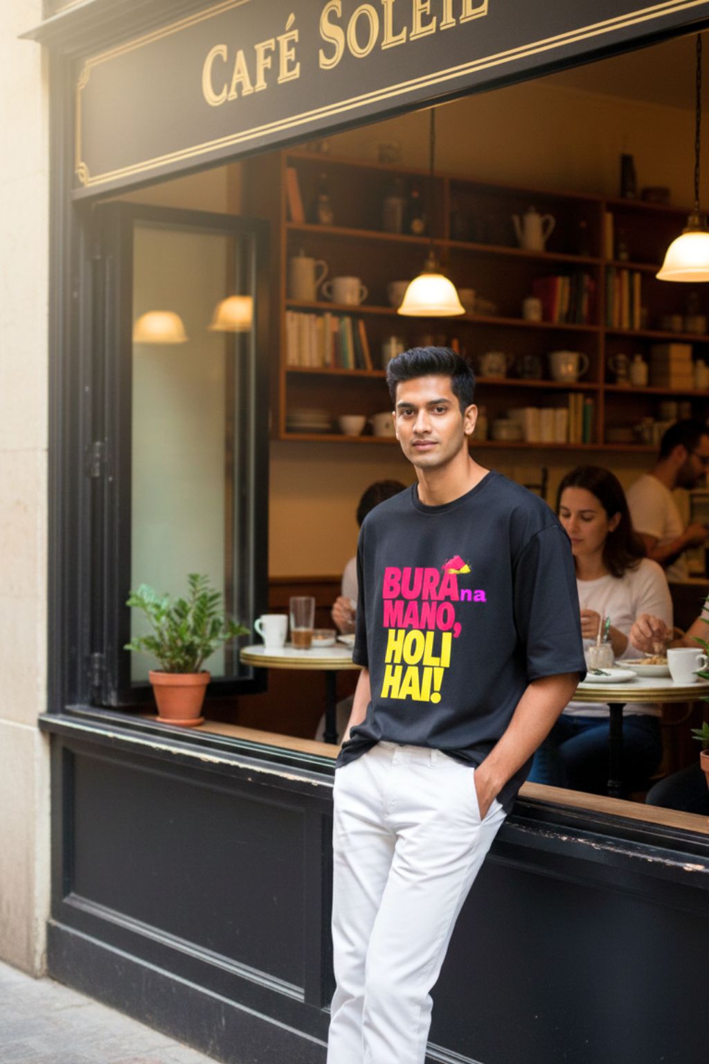 man standing outside a café named 'Café Solete' wearing a colorful black oversized t-shirt with text " bura na mano holi hai"
