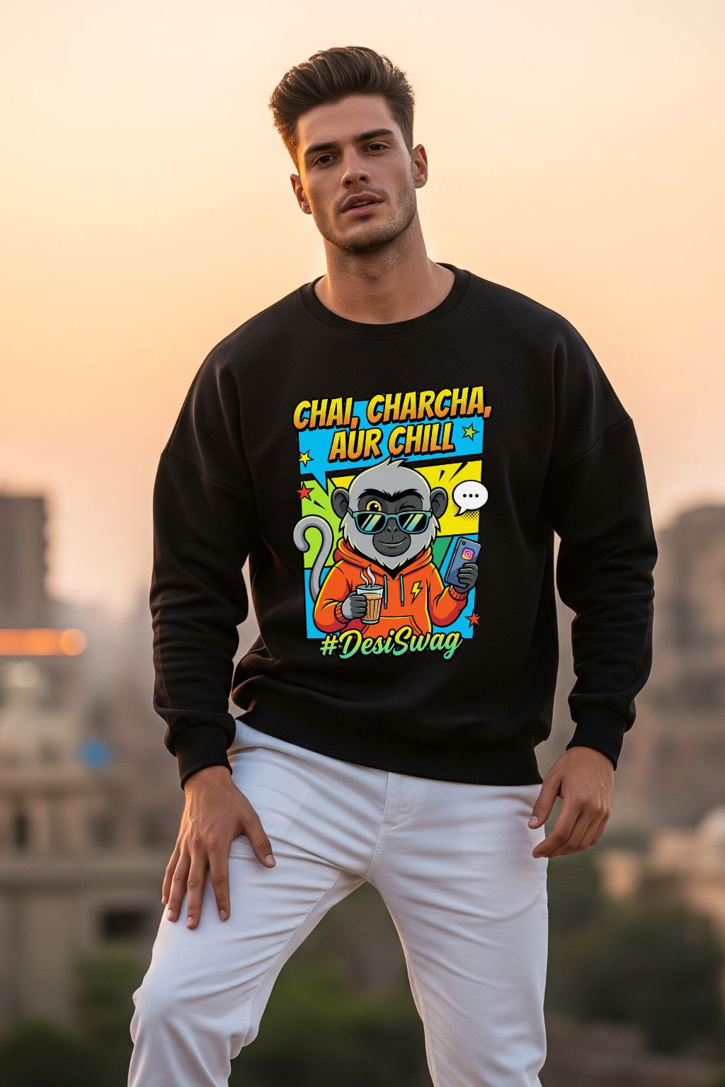 Man wearing a black oversized sweatshirt with colorful graphic design outdoors
