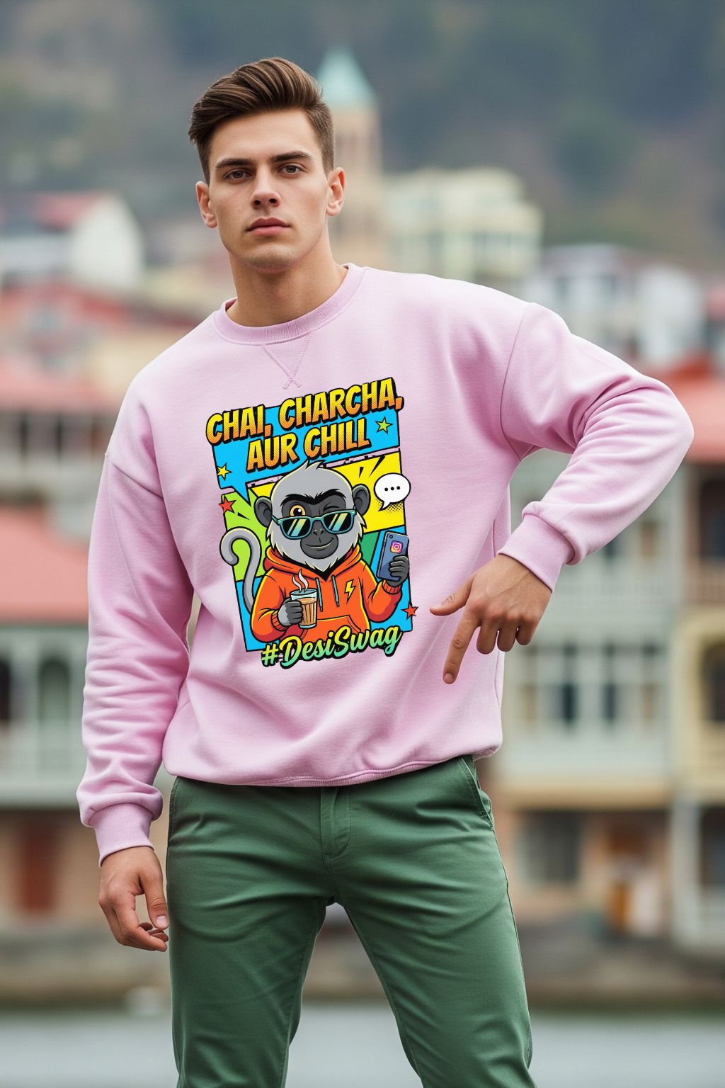 Man wearing a light baby pink oversized sweatshirt with a colorful graphic design outdoors.