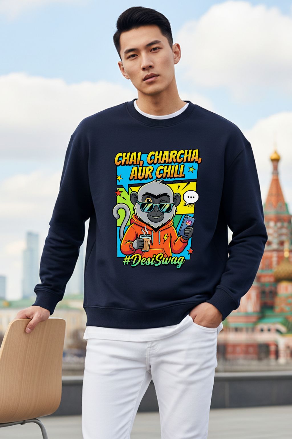 Man wearing a navy blue oversized sweatshirt with a colorful graphic design in an outdoor setting.