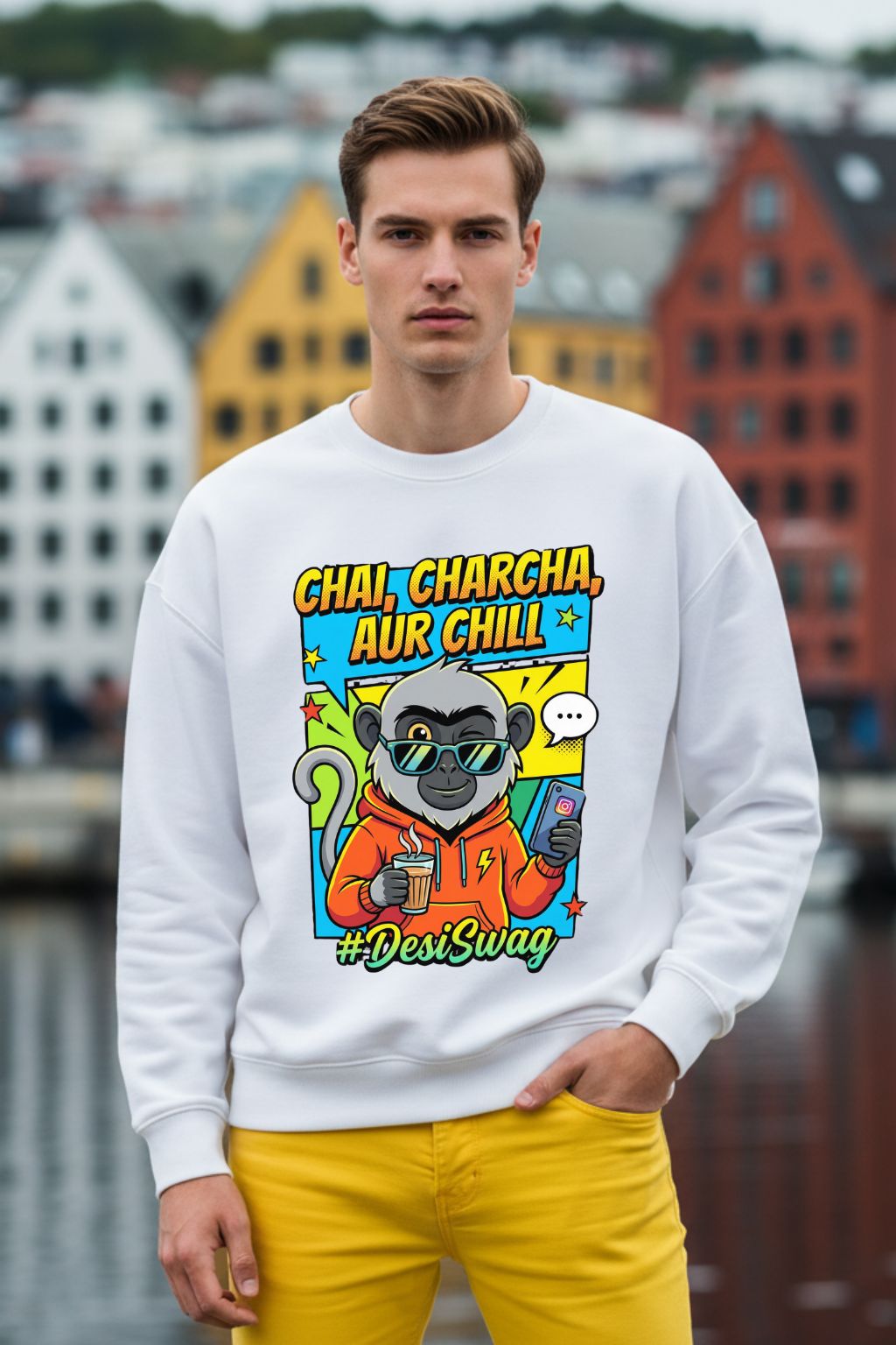 Man wearing a white oversized sweatshirt with a colorful graphic design in an urban setting