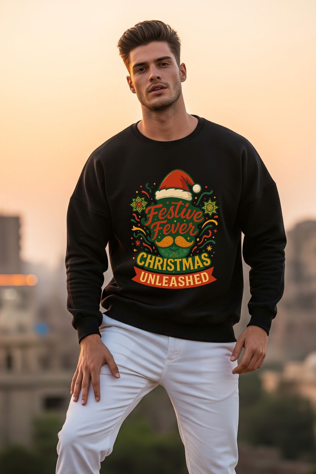 Man wearing a black Christmas-themed sweatshirt with colorful graphics against a blurred cityscape background.