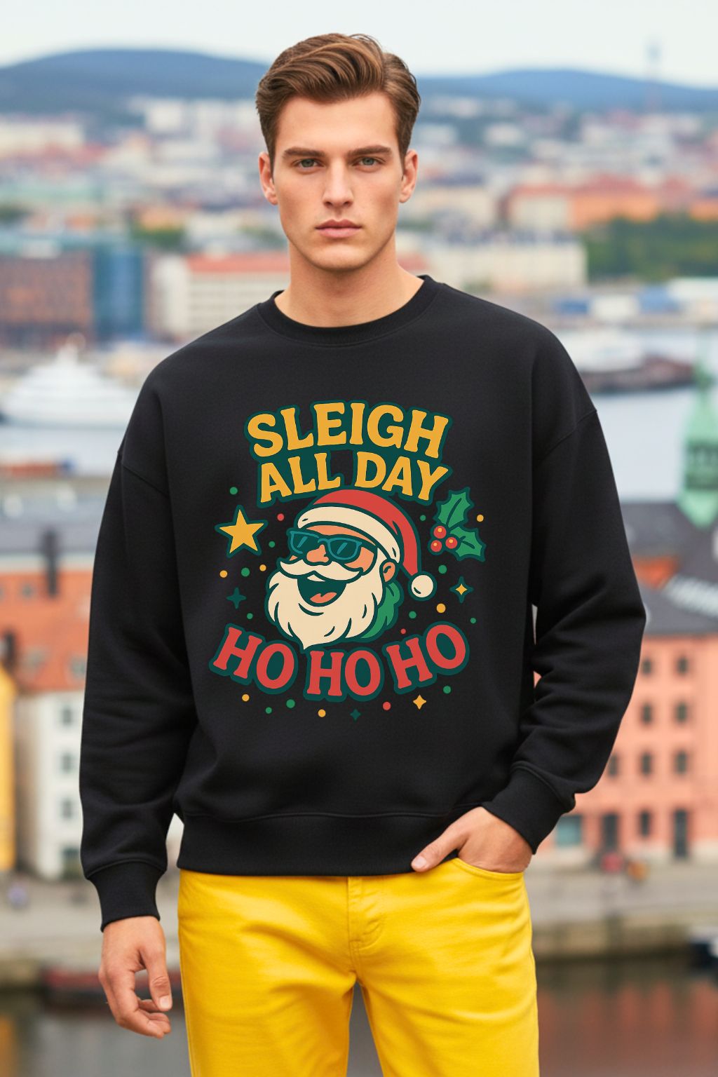 Man wearing a black oversized sweatshirt with Christmas-themed design in an urban setting