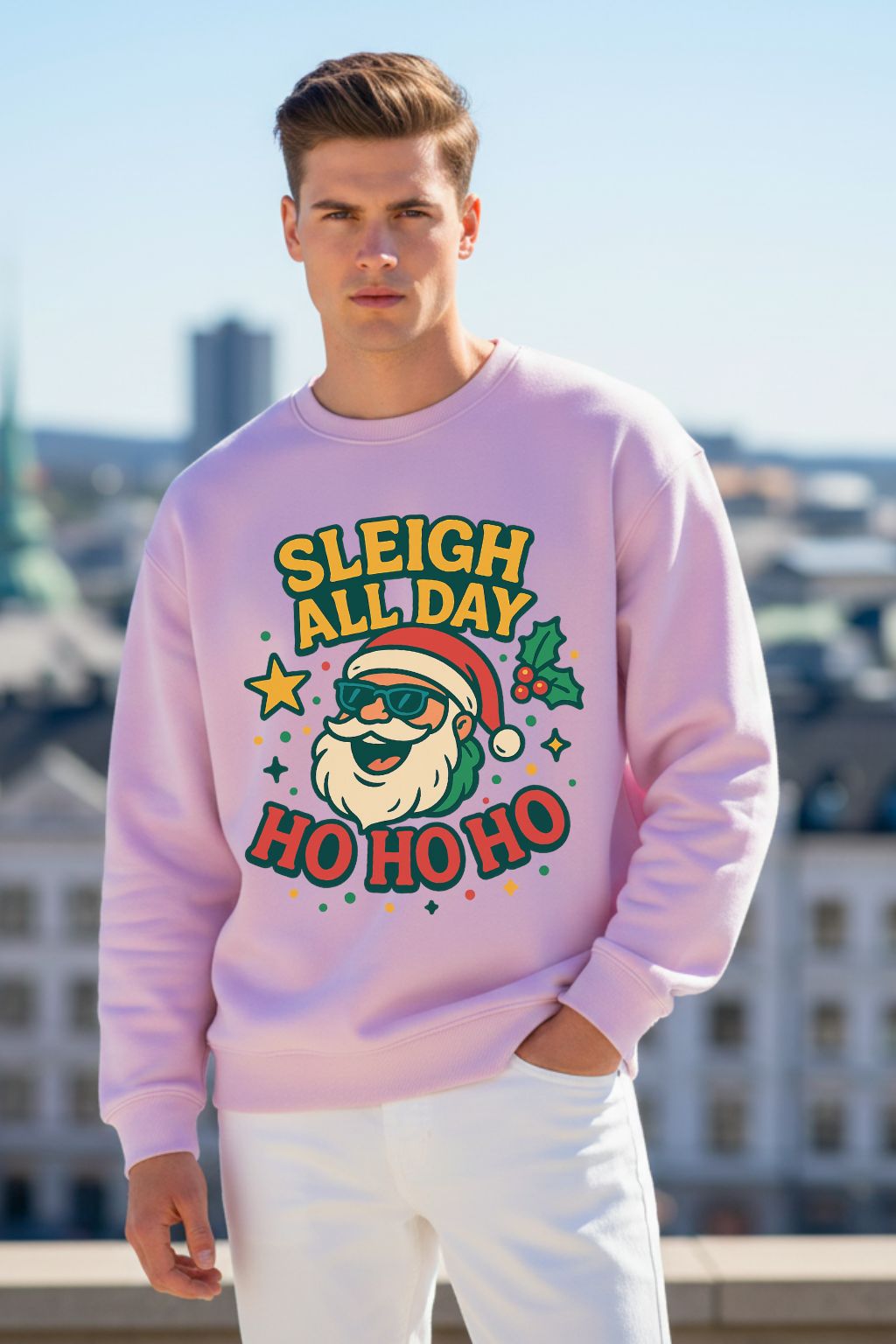 Man wearing a light baby pink oversized sweatshirt with Christmas-themed graphics and text.