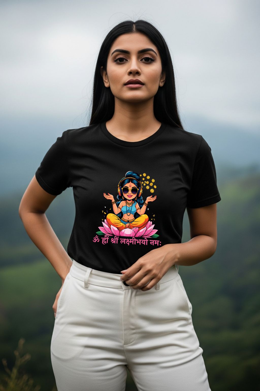 ZUPPI's "DJ Lakshmi Beats & Blessings" black t-shirt, featuring a colorful, modern graphic of Maa Lakshmi, worn by a woman outdoors.