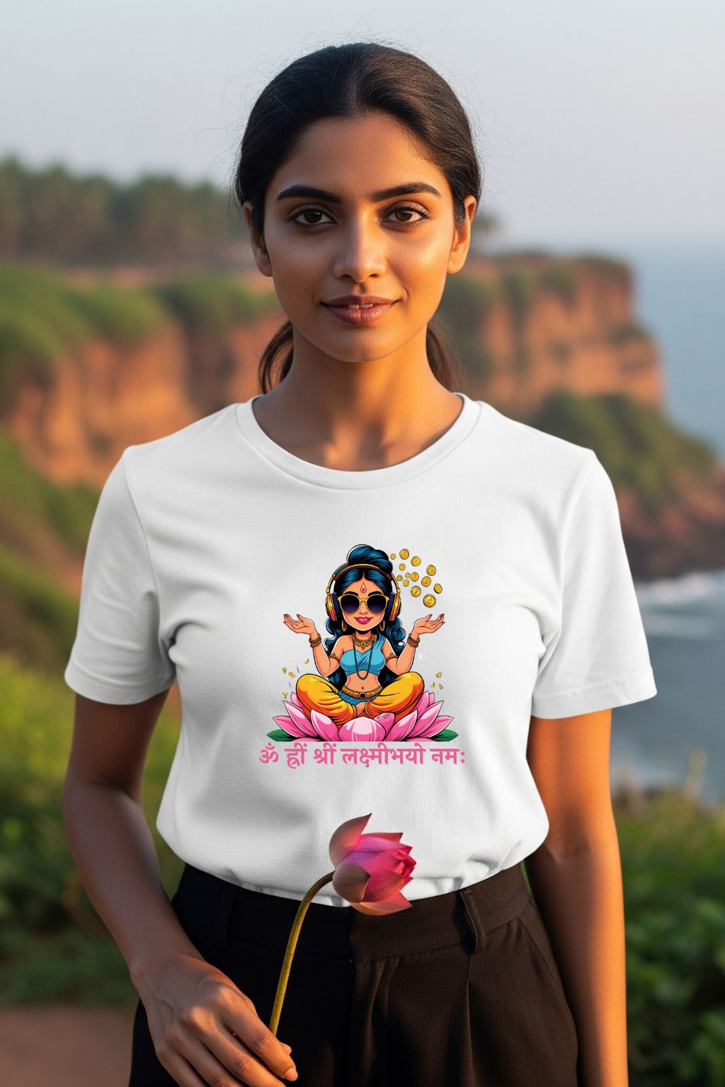 ZUPPI's "DJ Lakshmi Beats & Blessings" white t-shirt, featuring a colorful, modern graphic of Maa Lakshmi, worn by a woman outdoors.