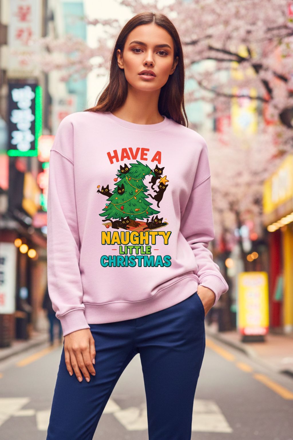 Woman wearing a light baby pink oversized sweatshirt with Christmas design in an urban setting