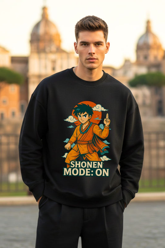 Desi Monk Shonen Mode On Black Anime Graphic Oversized Sweatshirt for Men — ZUPPI