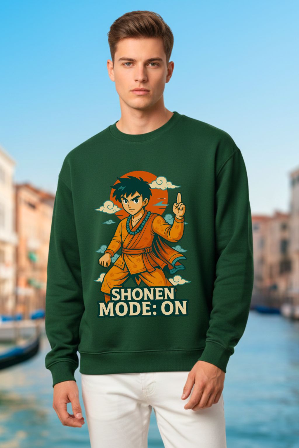 Desi Monk Shonen Mode On Bottle Green Anime Graphic Oversized Sweatshirt for Men — ZUPPI