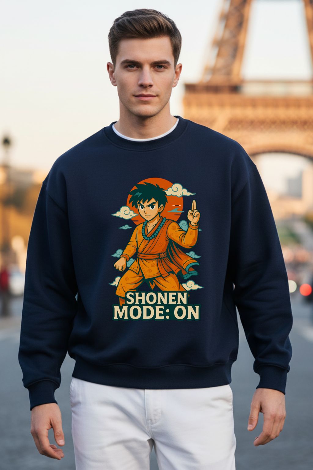 Desi Monk Shonen Mode On Navy Blue Anime Graphic Oversized Sweatshirt for Men — ZUPPI