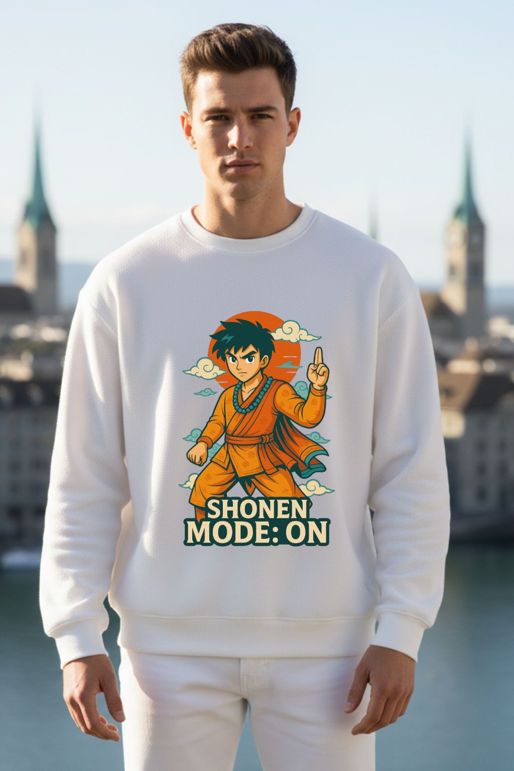 Desi Monk Shonen Mode On White Anime Graphic Oversized Sweatshirt for Men — ZUPPI