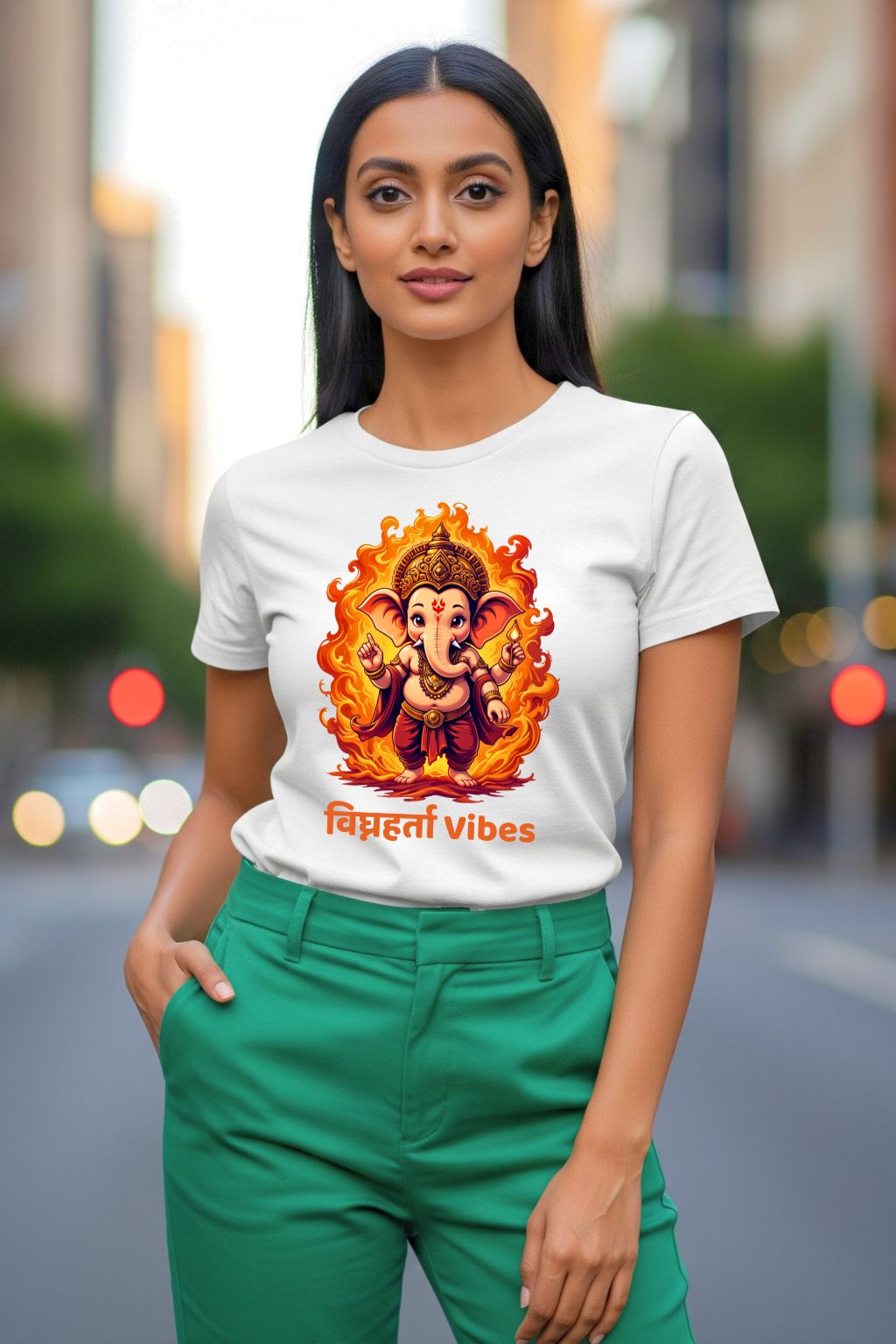 White t-shirt featuring a colorful graphic of the Hindu deity Lord Ganesha.