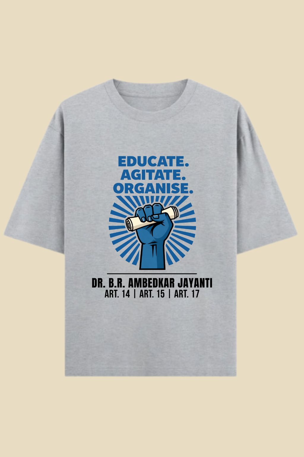JUNOSHI Written in Stone collection — Educate Agitate Organise tee worn by Indian Gen Z