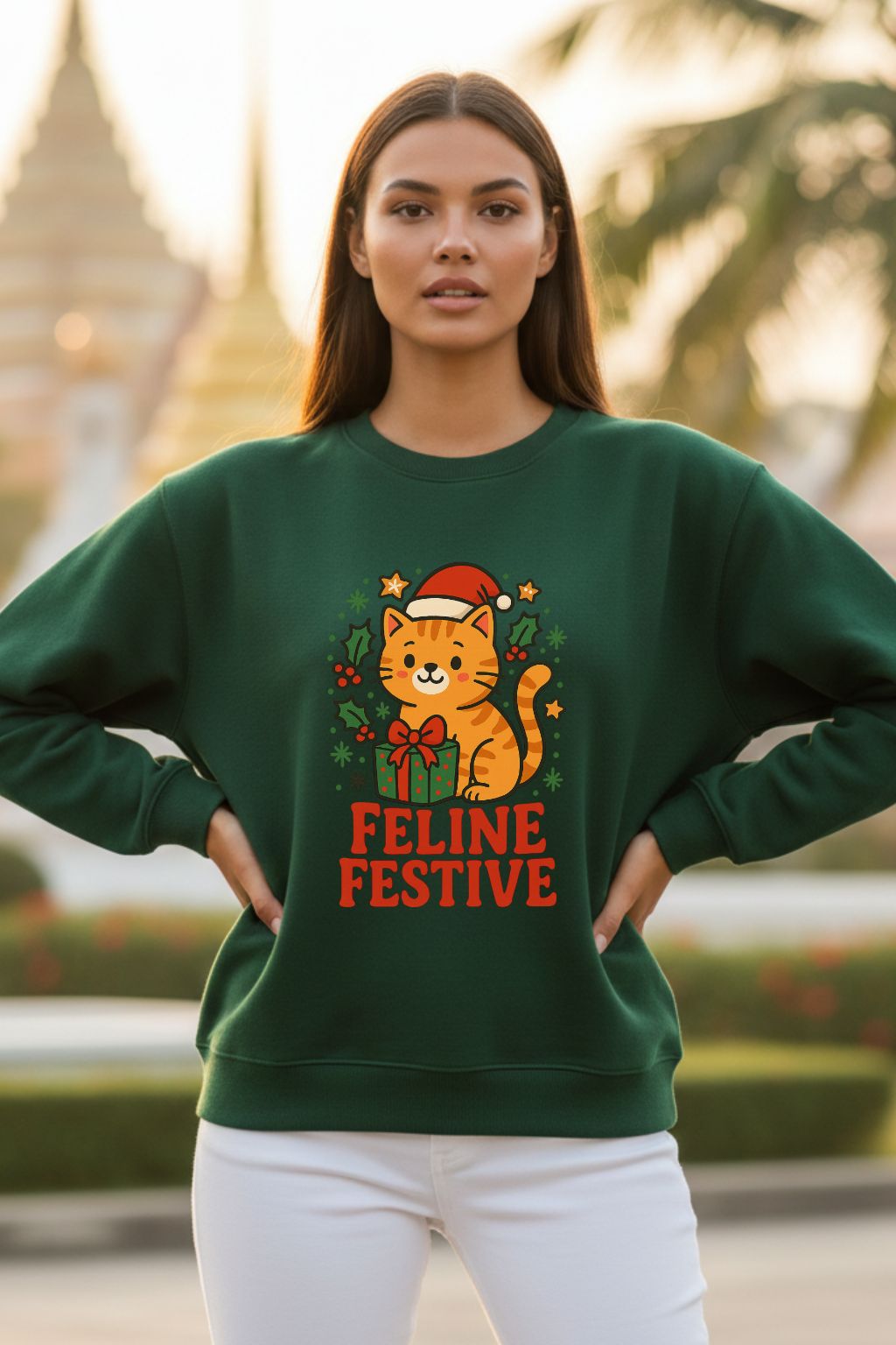 Woman wearing a bottle green oversized sweatshirt with a cat graphic and 'Feline Festive' text, standing outdoors.