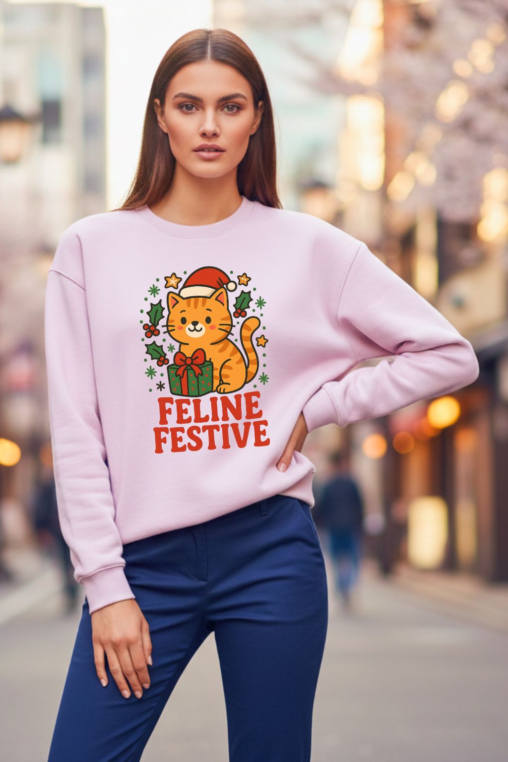 Woman wearing a light baby pink oversized sweatshirt with a cat graphic and 'Feline Festive' text on a city street.