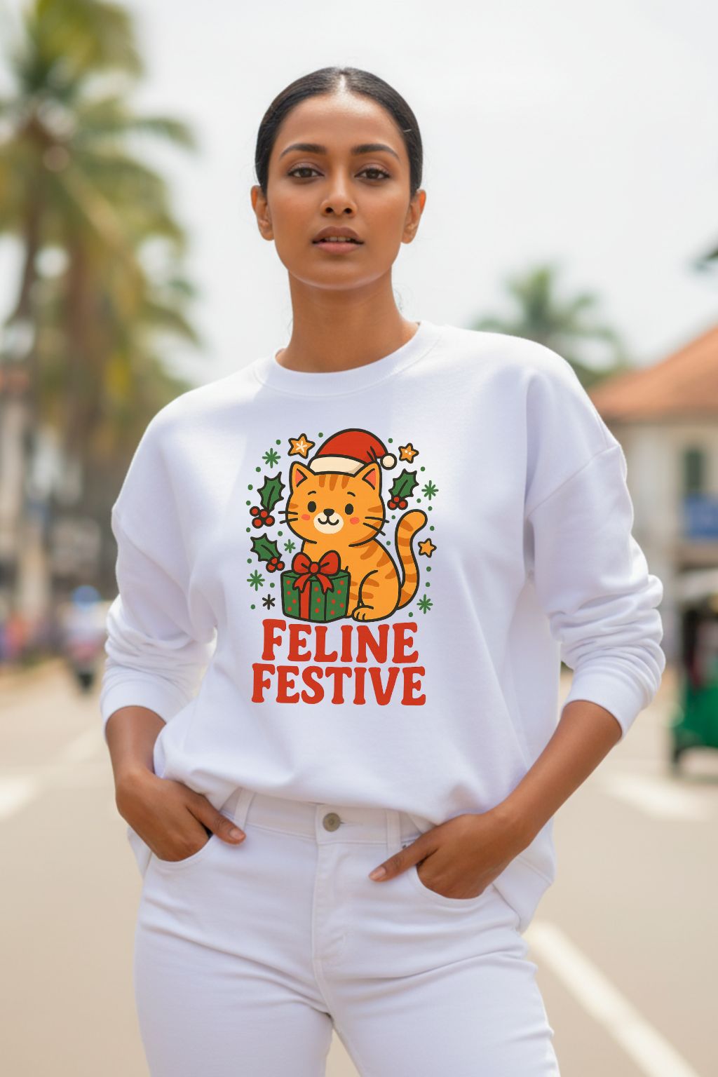 Woman wearing a white oversized sweatshirt with a festive cat graphic and text outdoors.