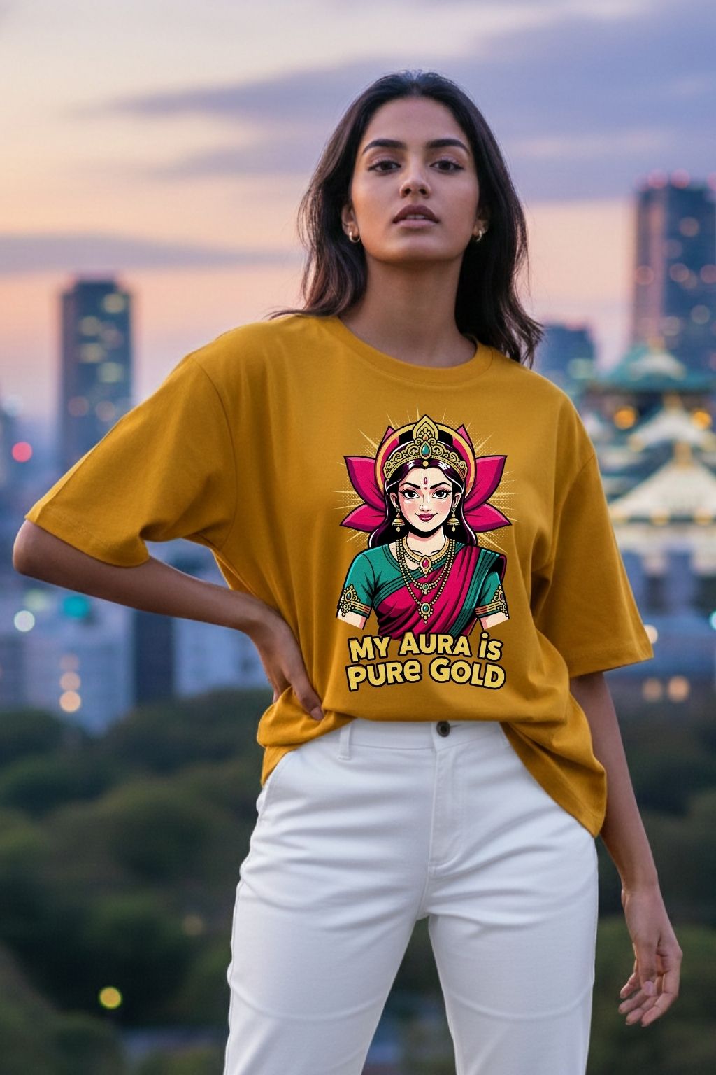 woman wearing a golden aura lakshmi design on a golden yellow oversized t-shirt