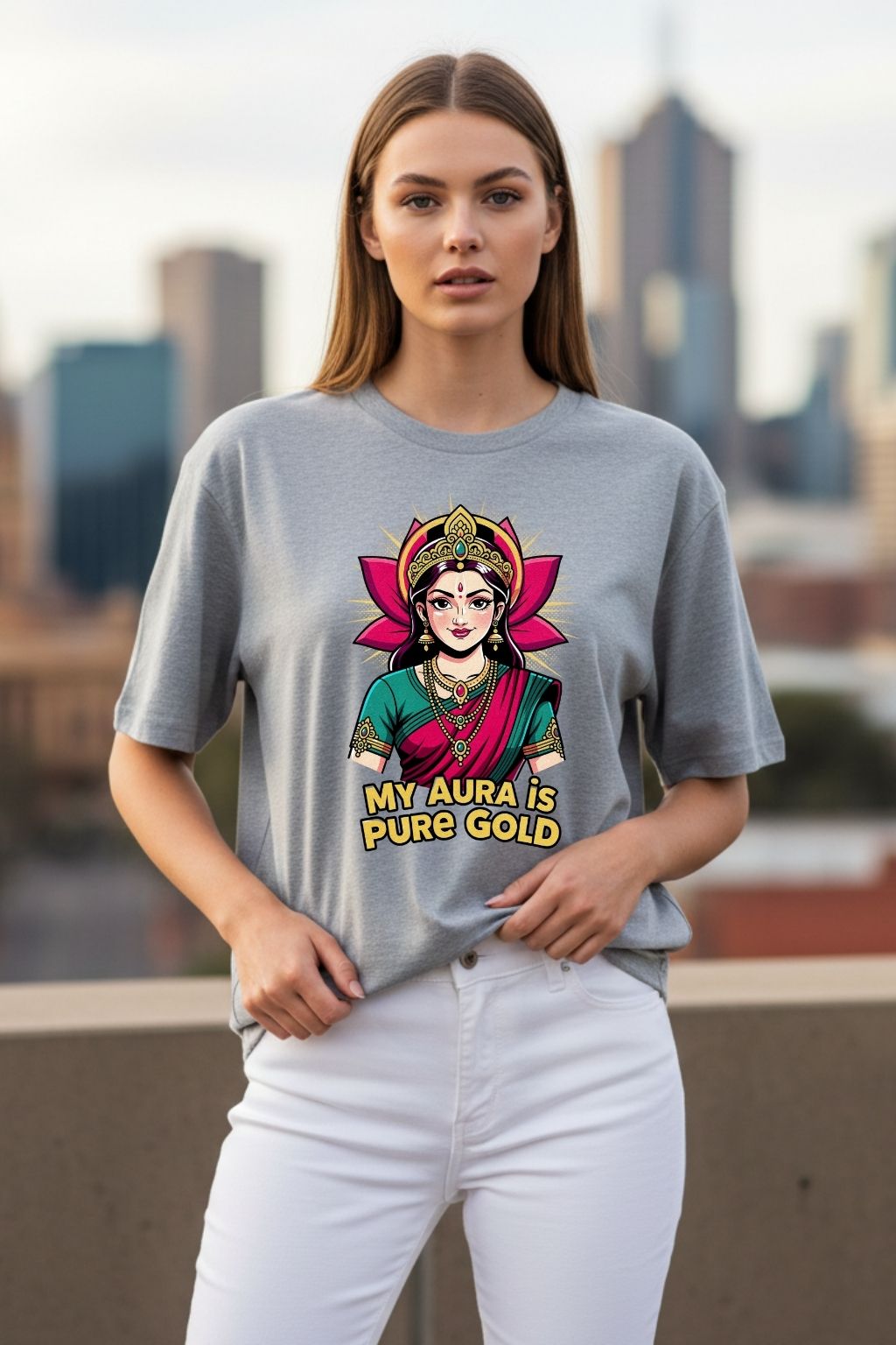 woman wearing a golden aura lakshmi design on a grey melange oversized t-shirt