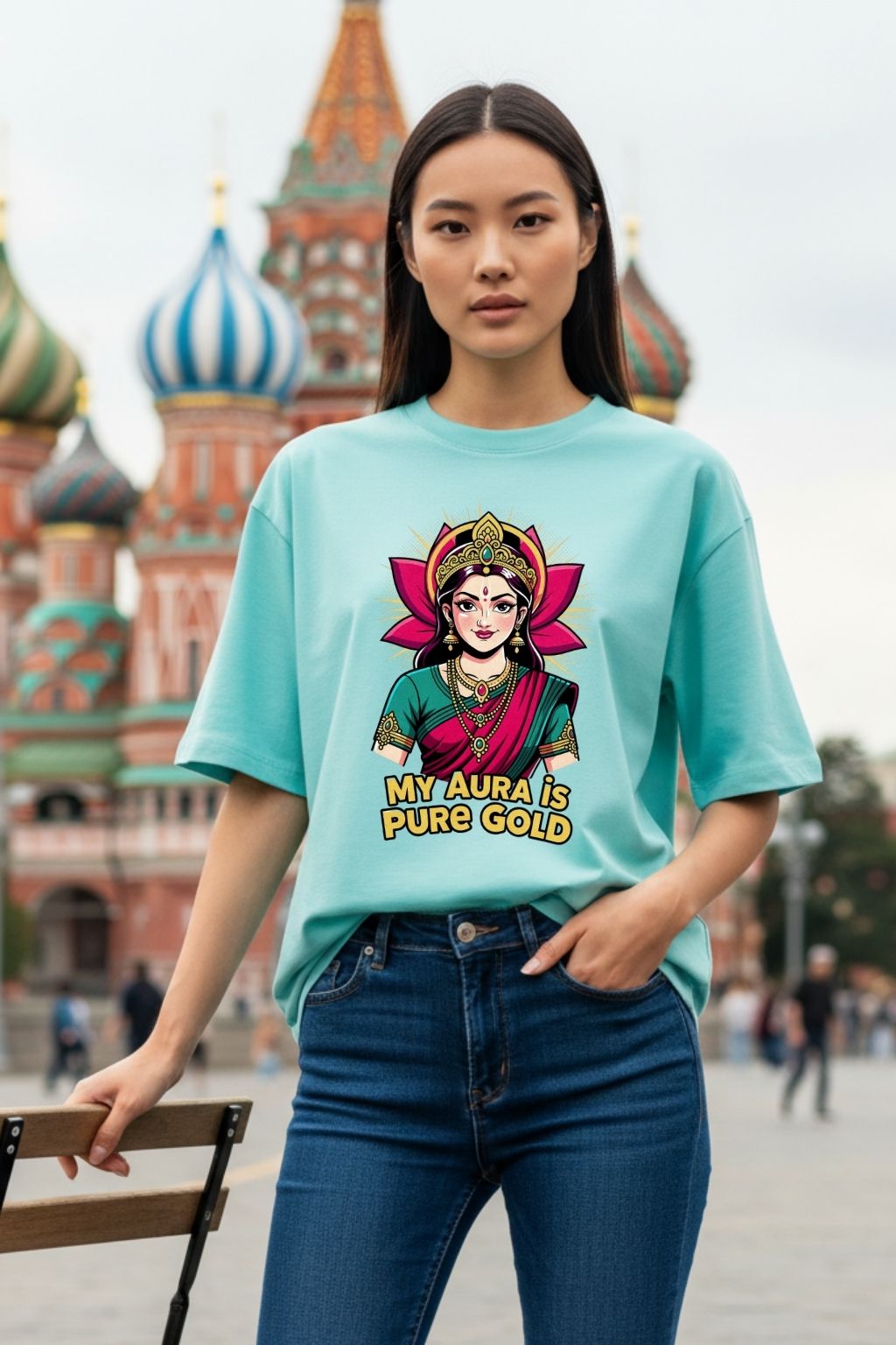 woman wearing a golden aura lakshmi design on a mint oversized t-shirt