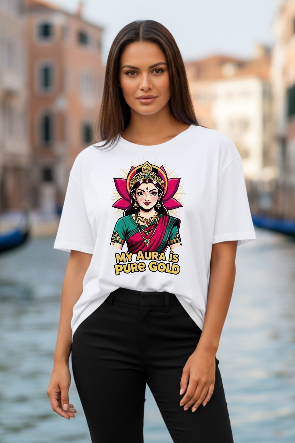 woman wearing a golden aura lakshmi design on a white oversized t-shirt