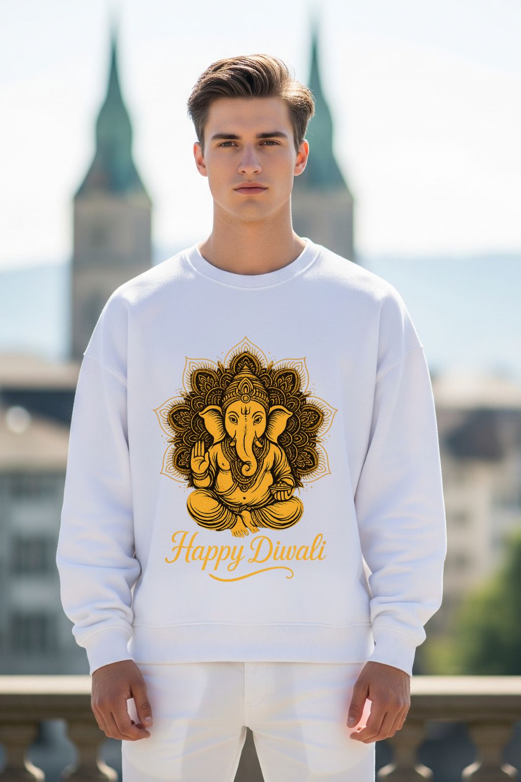 Man wearing a white sweatshirt with a gold Ganesha design and 'Happy Diwali' text, standing outdoors.