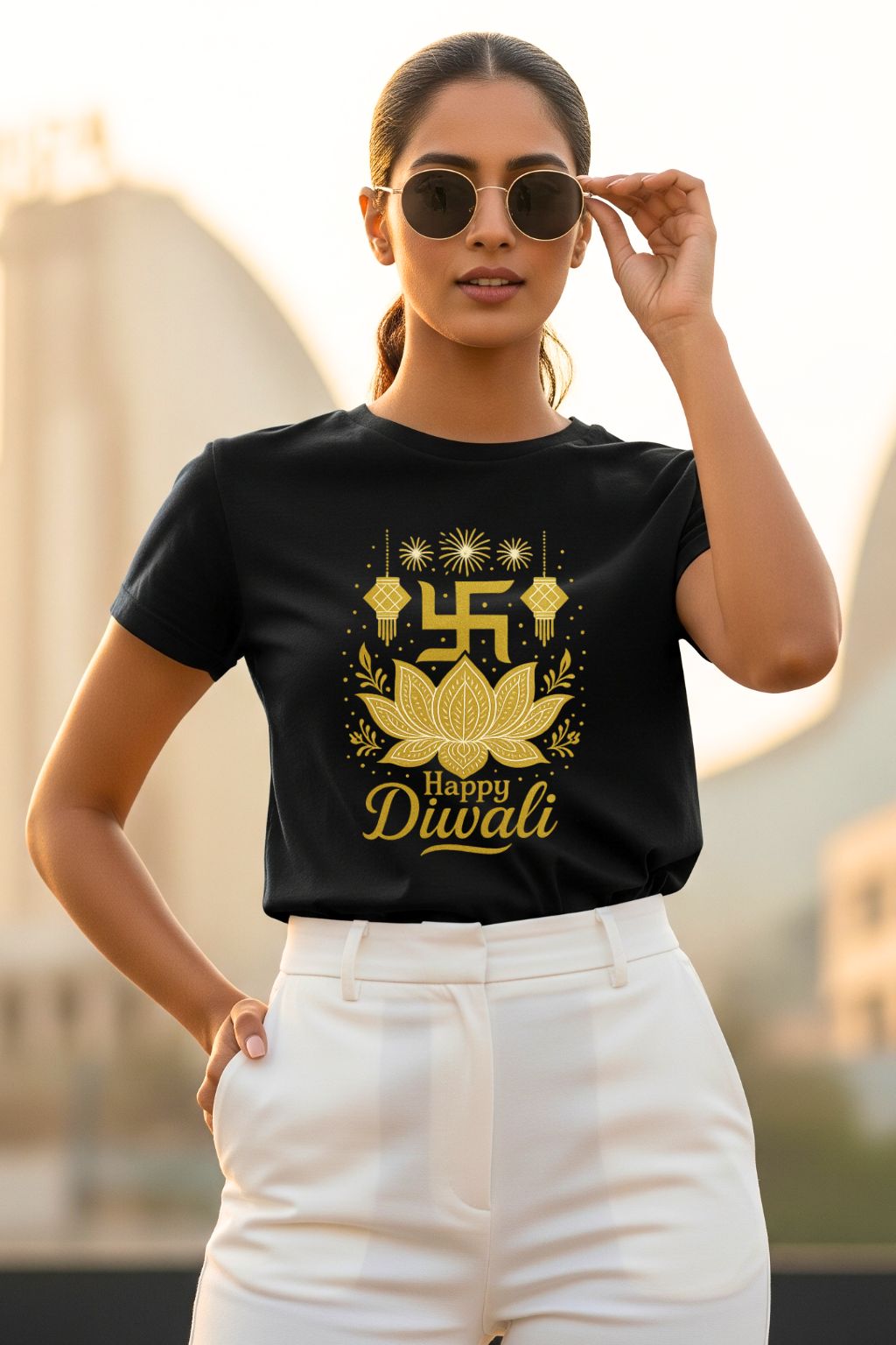 ZUPPI black T-shirt featuring a detailed golden lotus and Swastik design, perfect for Diwali celebrations.