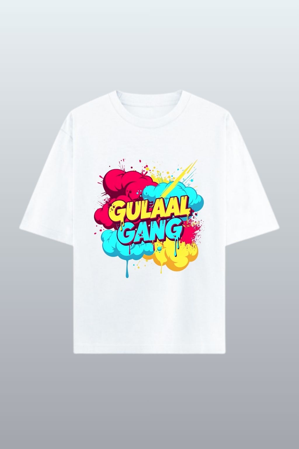 flat lay view of a white oversized t-shirt with colorful 'Gulaal Gang' design on a gray background