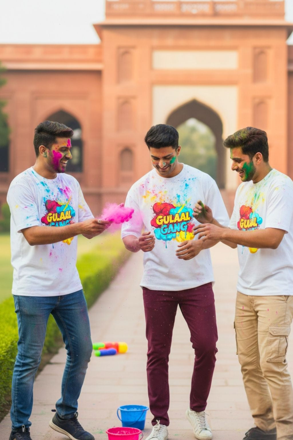 Three men with colorful paint on their faces and clothes, holding Holi powder, in front of a historic building, wearing white oversized t-shirt with a "Gulaal Gang" design