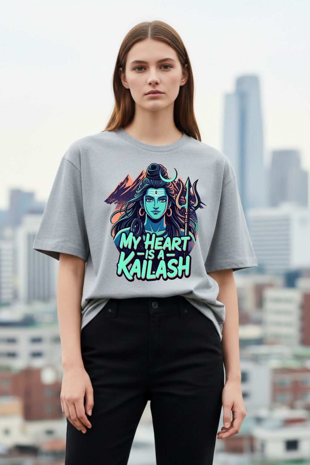 woman wearing a heart kailash design on a grey melange oversized t-shirt