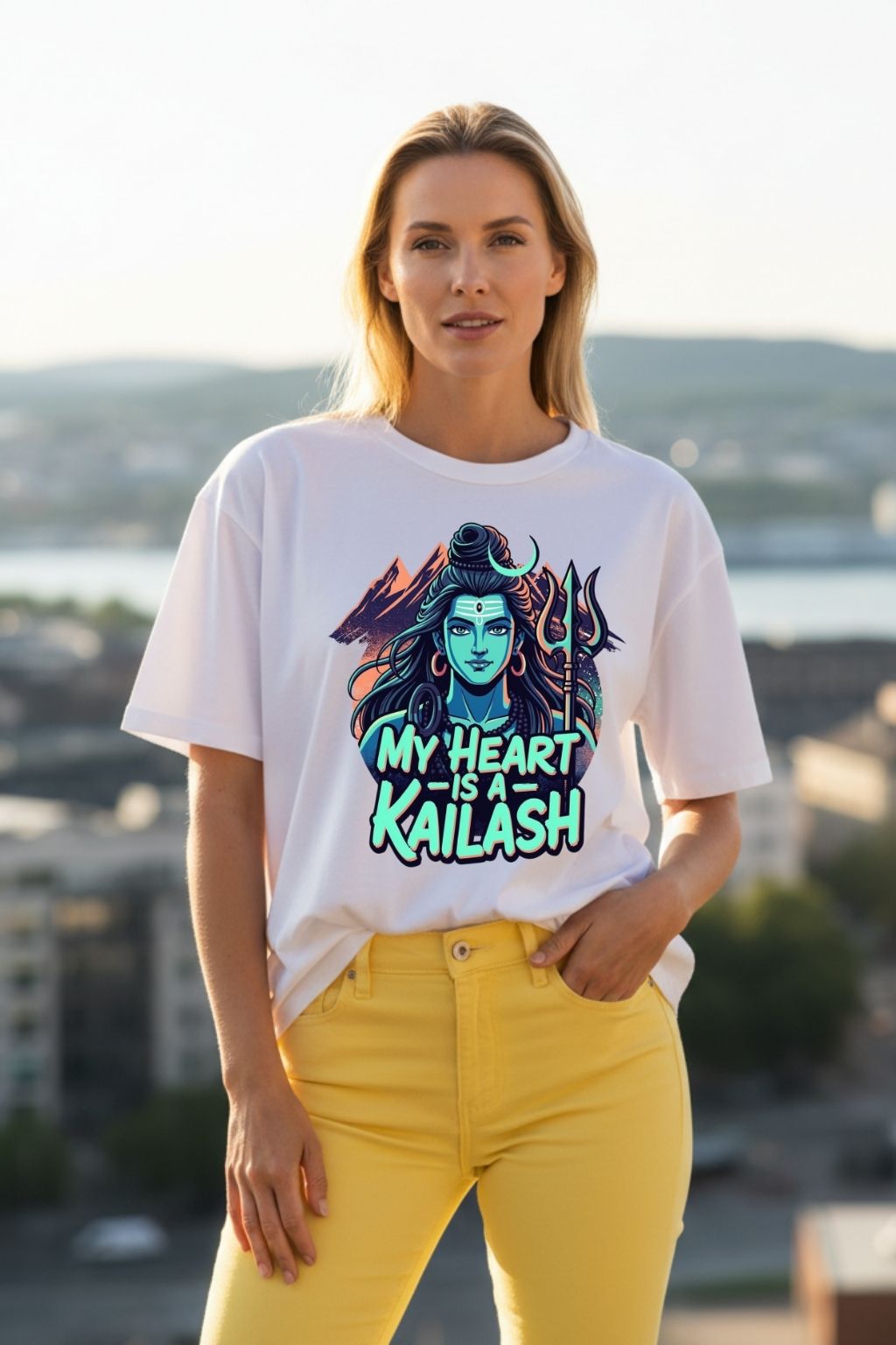 woman wearing a heart kailash design on a white oversized t-shirt