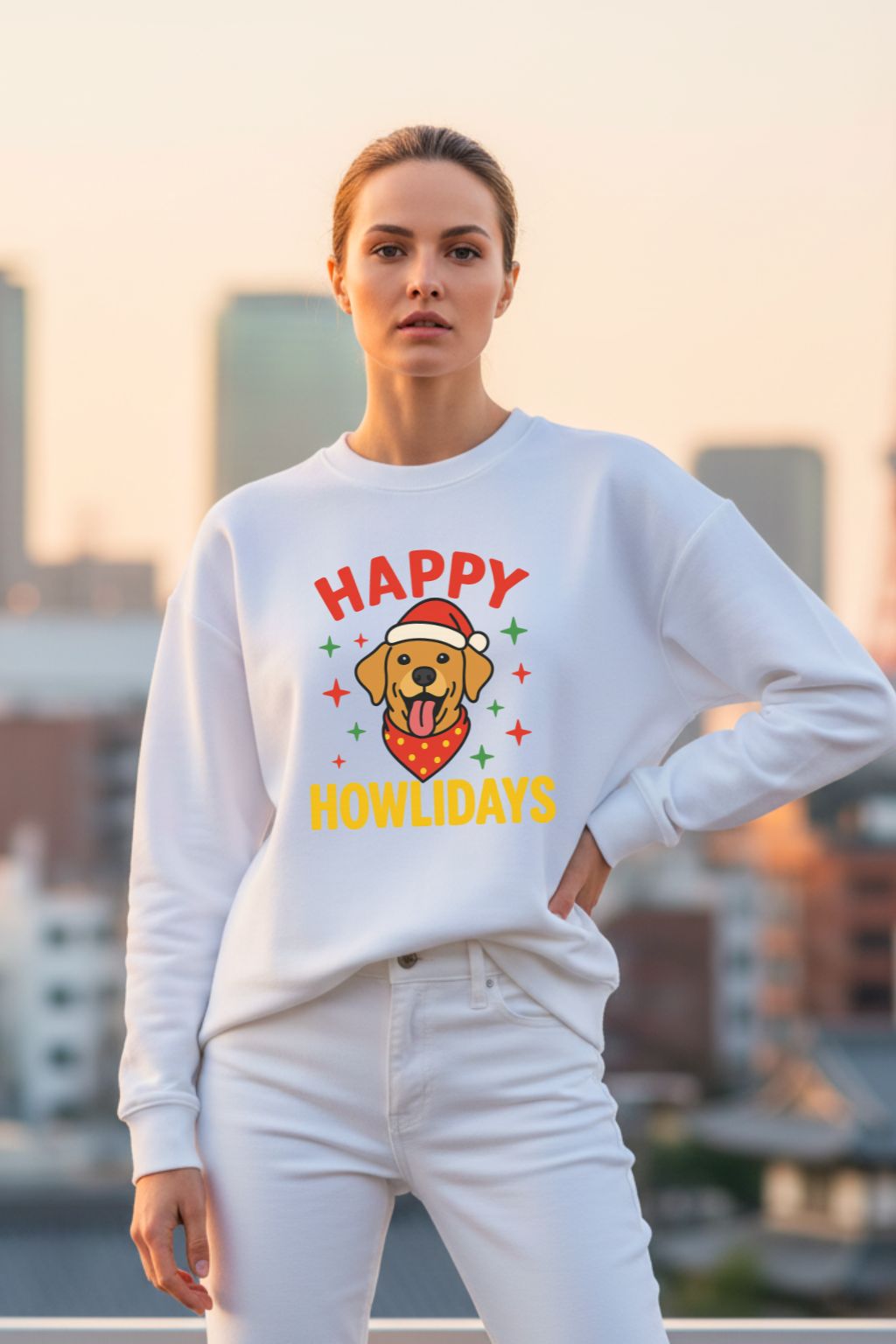 Woman wearing a white oversized sweatshirt with a festive design and text, standing against an urban skyline.