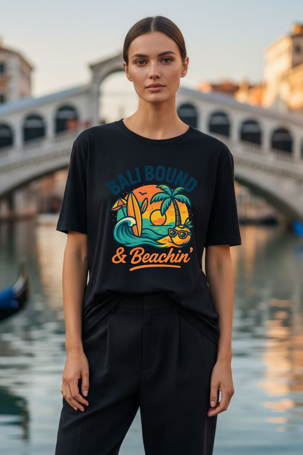 JUNOSHI India To Bali Oversized Tee Black — Bali Travel Outfit Women, Desi Wanderlust Streetwear